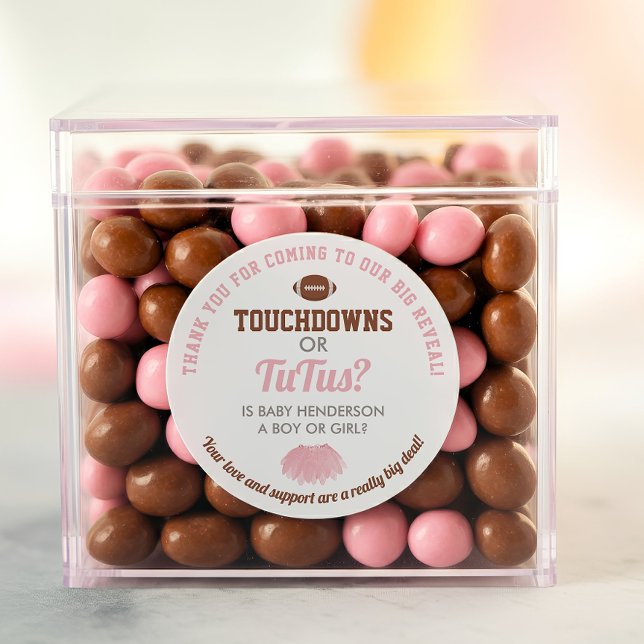 Sticker Rond Touchdowns ou Tutus Merci de révélation de genre (Touchdowns or Tutus Gender Reveal Thank You Sticker)