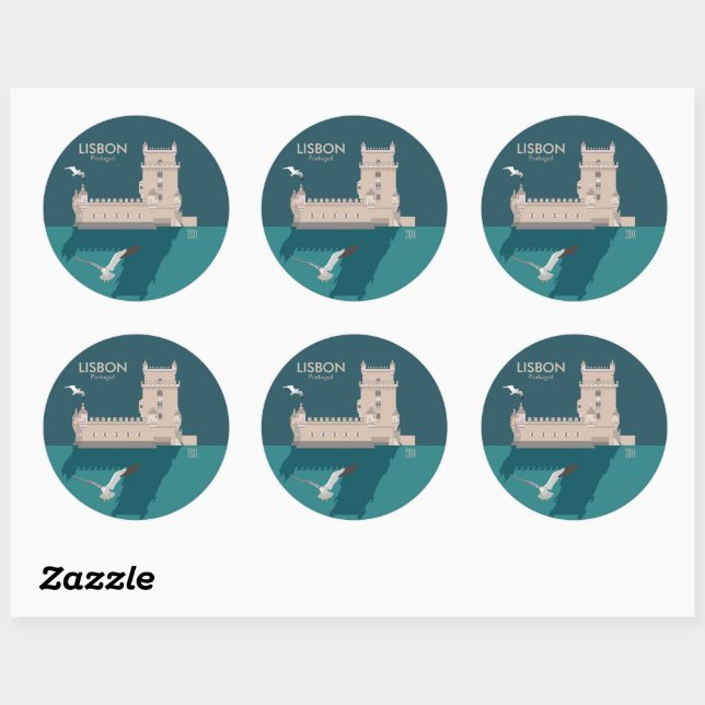 Sticker Rond Tour de Belem de Lisbonne dans le style poster vin (Feuille)