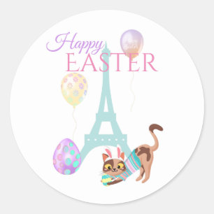 Sticker Rond Tour Eiffel de Pâques et ballons Pastel Chat