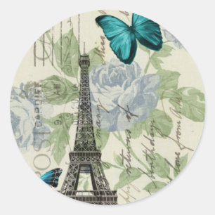 Sticker Rond Tour Eiffel floral bleu de Paris de papillon de