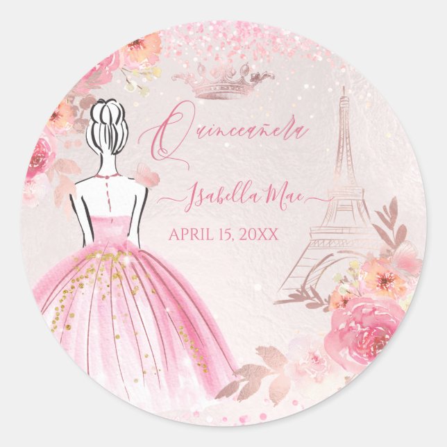 Sticker Rond Tour Eiffel Quinceanera Blush Rose Rose (Devant)