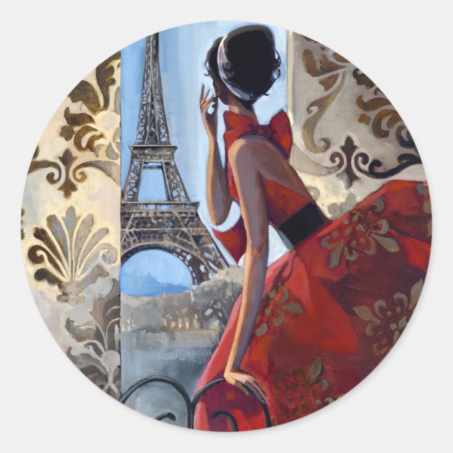 Sticker Rond Tour Eiffel, Robe Rouge, Allons-y (Devant)