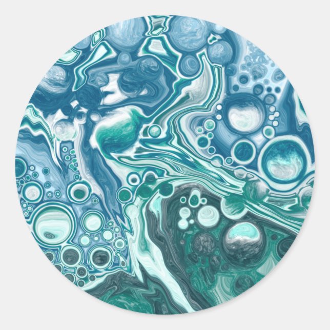 Sticker Rond Tourbillon et bulles bleu et turquoise (Devant)