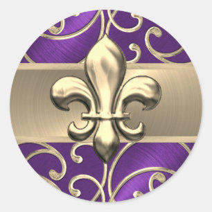 Sticker Rond Tourbillons violets et filés d'or Fleur de Lis
