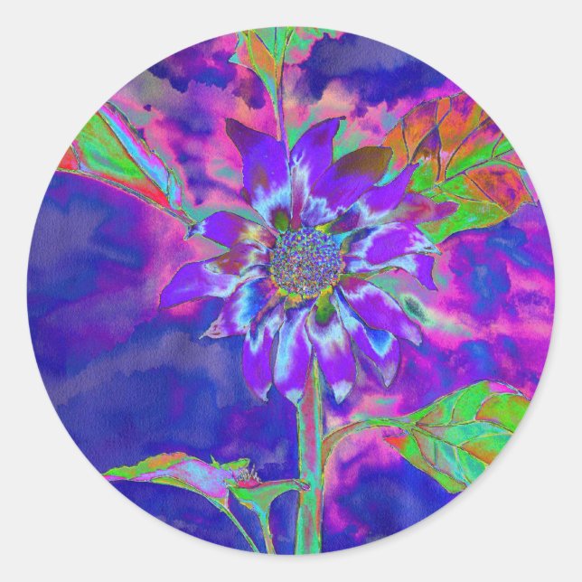 Sticker Rond Tournesol bleu Abstrait | retro funky (Devant)