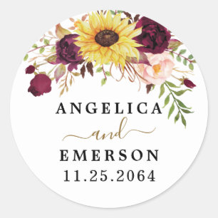 Sticker Rond Tournesol Bourgogne Rouge Blush Peony Mariage Rose