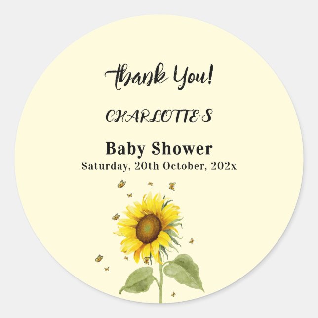 Sticker Rond Tournesol d'aquarelle avec Baby shower de papillon (Devant)