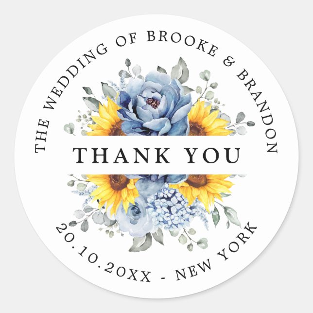 Sticker Rond Tournesol Dusty Blue Slate Peony Merci (Devant)