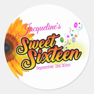 Sticker Rond Tournesol et ballons sur le Sweet sixteen blanc