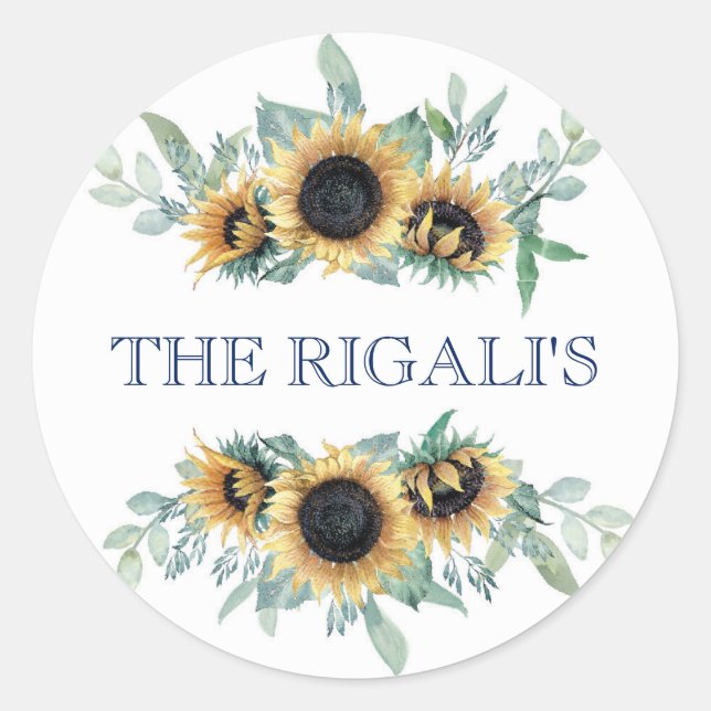 Sticker Rond Tournesol et Mariage floral bleu marine (Devant)