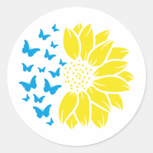Sticker Rond Tournesol et papillons. Couleurs du drapeau ukrain