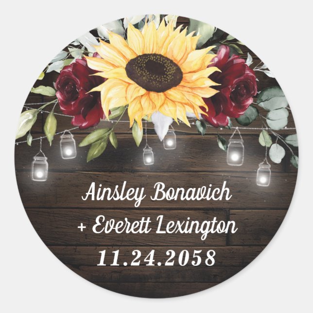 Sticker Rond Tournesol et rose rouge bordeaux Mariage rustique (Devant)