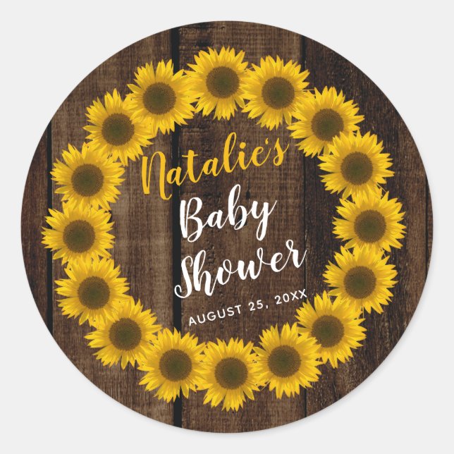 Sticker Rond Tournesol Floral Wreath Wood Look Baby shower (Devant)