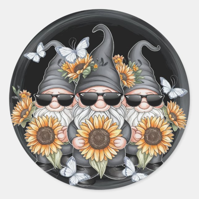 Sticker Rond Tournesol Gnomes mignons Avec Flore Fleur Papillon (Devant)