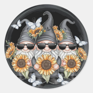 Sticker Rond Tournesol Gnomes mignons Avec Flore Fleur Papillon