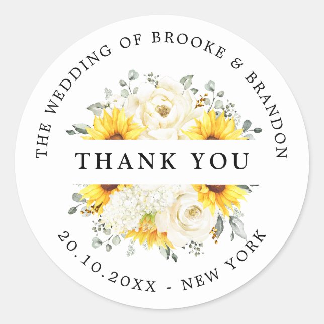Sticker Rond Tournesol ivoire pivoine Mariage Floral Merci (Devant)