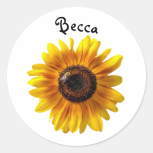 Sticker Rond Tournesol jaune joyeux avec abeille personnalisée