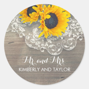 Sticker Rond Tournesol Rustique dentelle Mariage Monogramme