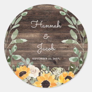 Sticker Rond Tournesol rustique Eucalyptus Mariage Faveur