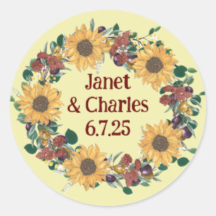 Sticker Rond Tournesol vintage et olives Mariage Floral Wreath