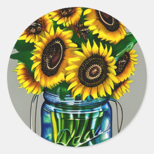 Sticker Rond Tournesols d'art en pot de verre