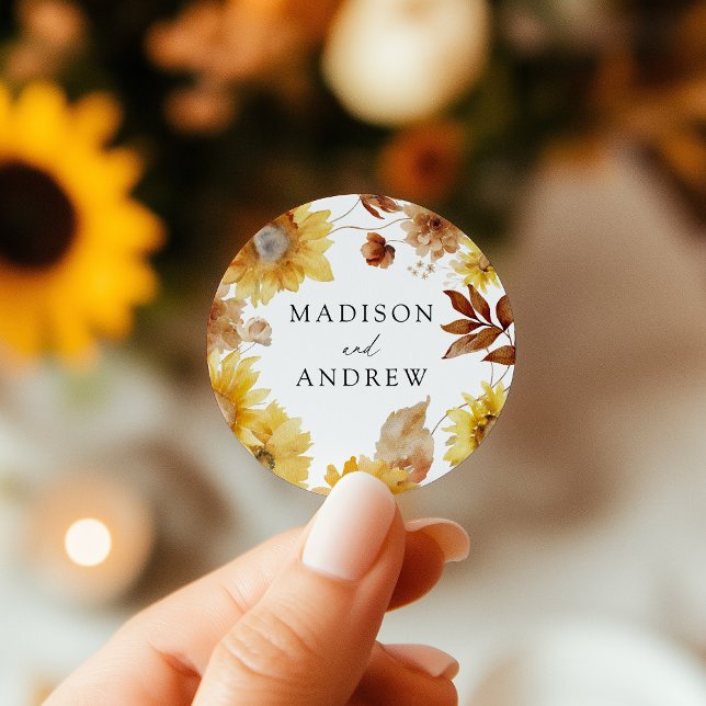 Sticker Rond Tournesols d'automne rustique et Mariage Fleur sau (Créateur téléchargé)