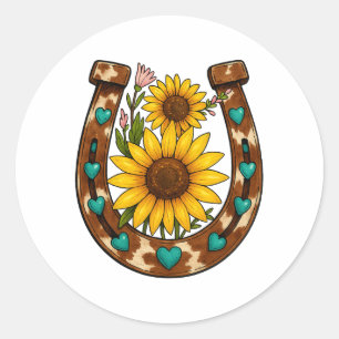 Sticker Rond Tournesols Fer à Cheval Rustiques Floral Campagnar