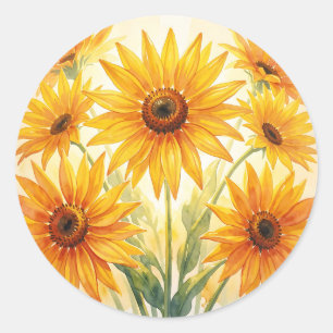 Sticker Rond Tournesols Jaune Orange Floral Aquarelle Vibrante