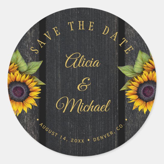 Sticker Rond Tournesols rustiques chic grange bois mariage enre (Devant)