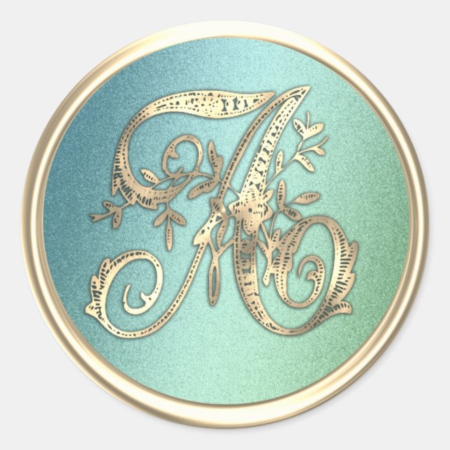 Sticker Rond Tous les initiales or Monogramme bleu vert (Devant)