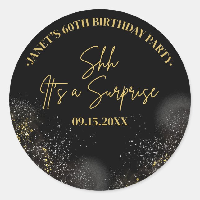 Sticker Rond Tout âge Surprise Anniversaire Noir Script Favoris (Devant)