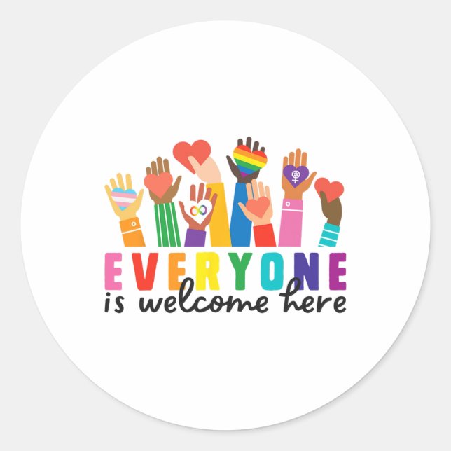 Sticker Rond Tout le monde est le bienvenu ici Rainbow (Devant)