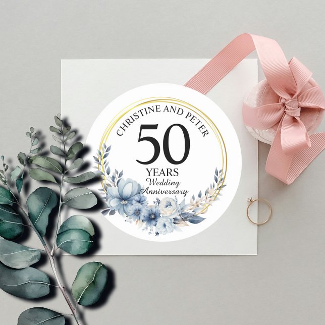 Sticker Rond Tout Mariage (50) Élégant Anniversaire Floral Bleu (Créateur téléchargé)