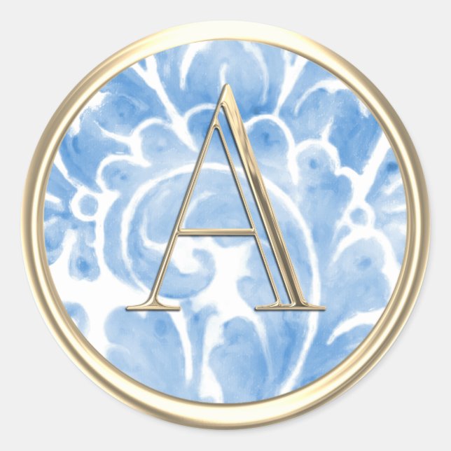 Sticker Rond TOUTES LES INITIALES Gold Monogramme Blue Plume (Devant)