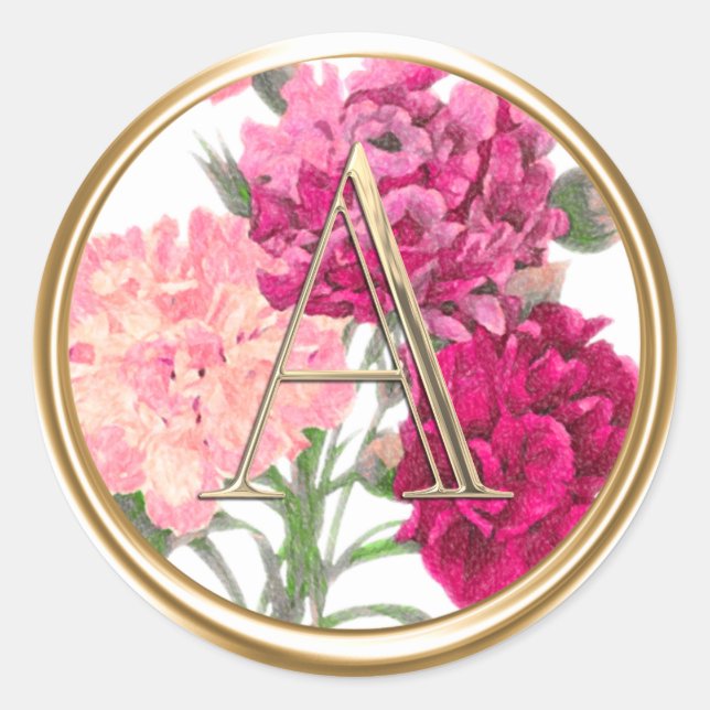 Sticker Rond TOUTES LES INITIALES Or Monogramme Fleurs roses (Devant)
