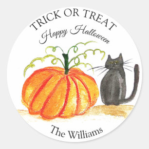 Sticker Rond Trace ou traitement Halloween Citrouille Chat Cute
