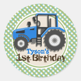 Sticker Rond Tracteur agricole bleu mignon ; Anniversaire vert