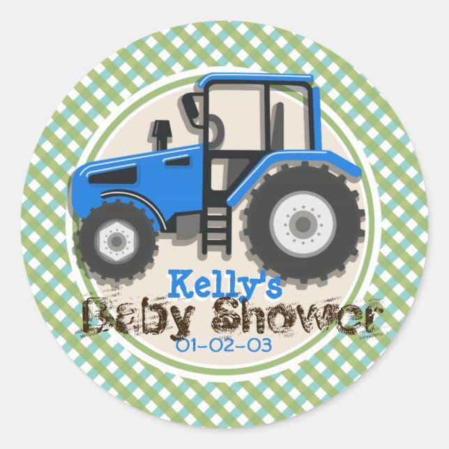 Sticker Rond Tracteur agricole bleu mignon; Baby shower vert (Devant)