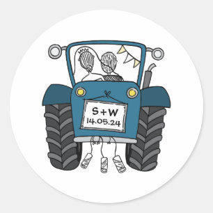 Sticker Rond Tracteur bleu personnalisé Pays Barne Mariage rust