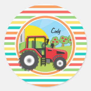 Sticker Rond Tracteur rouge ; bandes arc-en-ciel lumineuses