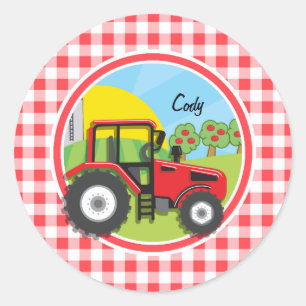 Sticker Rond Tracteur rouge sur En vichy rouge et blanc