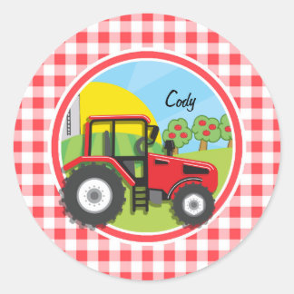 Sticker Rond Tracteur rouge sur En vichy rouge et blanc
