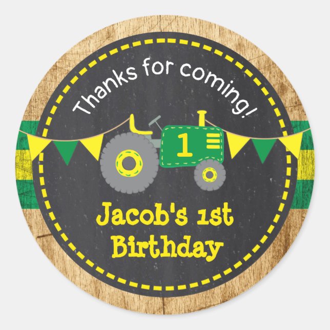 Sticker Rond Tracteur vert rustique 1er Anniversaire Favoriser  (Devant)