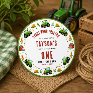 Sticker Rond Tracteur vert rustique de ferme, première année en