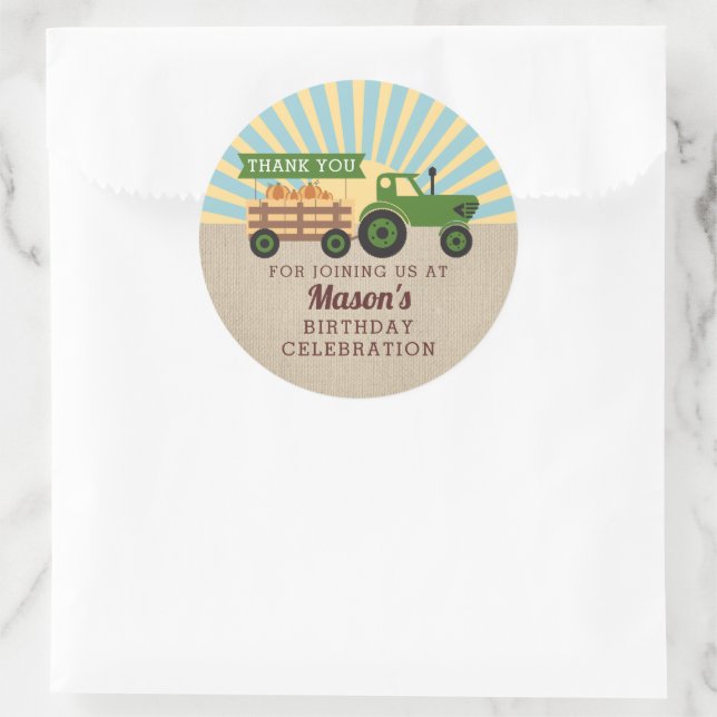 Sticker Rond Tractor Hayride Citrouille cueillette Anniversaire (Sac)