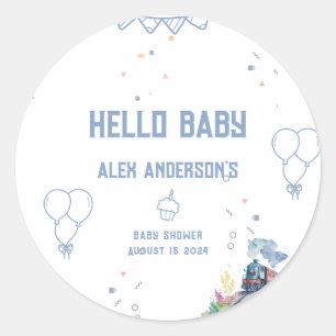 Sticker Rond Train Blue Balloons garçon Baby shower Whimsical