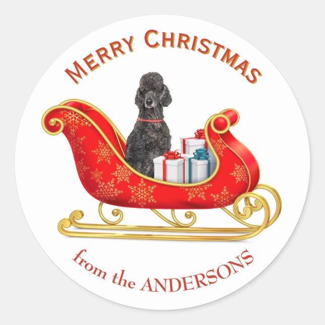 Sticker Rond Traîneau de Noël Chien Caniche Noir (Devant)