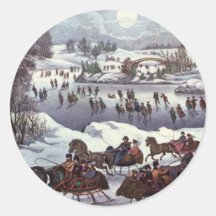 Sticker Rond Traîneaux de Noël vintage, Central Park en hiver