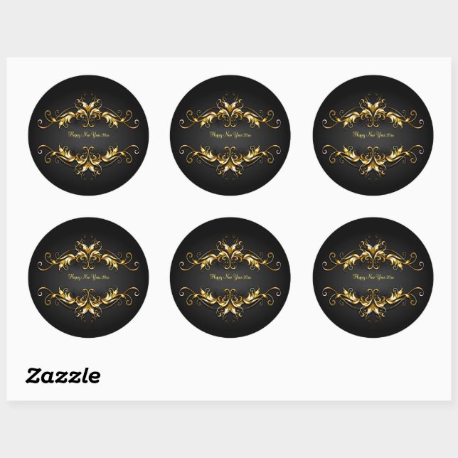 Sticker Rond Trame Gold Scroll Joyeux Nouvel An Texte 20xx (Feuille)