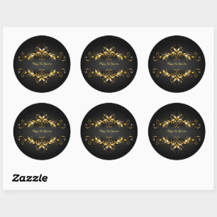 Sticker Rond Trame Gold Scroll Joyeux Nouvel An Texte 20xx